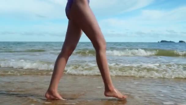 Las Piernas Delgadas Modelo Piel Bronceada Llevan Bikini Que Camina — Vídeo de stock