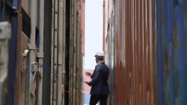 Waas Achtergrond Video Van Ingenieur Inspecteert Container Het Magazijn — Stockvideo