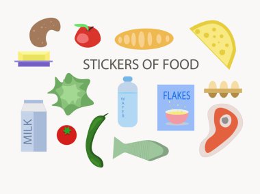 Mutfak, market, daha kahvaltı için gıda etiketleri bu: elma, süt, ekmek, yumurta, su, salatalık, domates, balık, pul, et, patates, lahana, peynir, tereyağı (vektör)