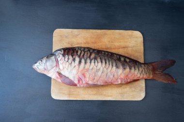 Lezzetli taze balık (sazan) sağlıklı gıda, diyet veya pişirme kavramı koyu arka plan üzerinde