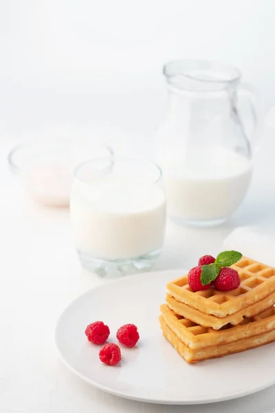 milk, raspberry, cookies on white background, Breakfast, natural products