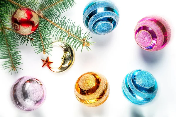 Christmas Background Spruce Branch Balls New Year Beautiful Toys — Stock Photo, Image