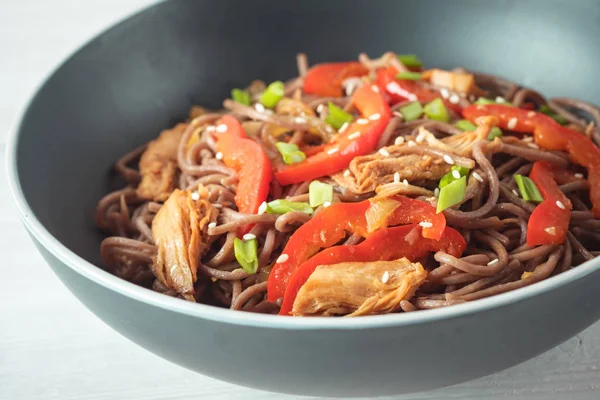 Dark Pasta Steamed Vegetables Grilled Chicken Selective Focus — Stock Photo, Image