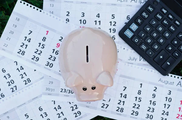 Composition Piggy Bank Calendar Calculator Concept Saving Money Buying New — Stock Photo, Image