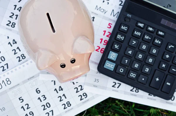 Composition Piggy Bank Calendar Calculator Concept Saving Money Buying New — Stock Photo, Image