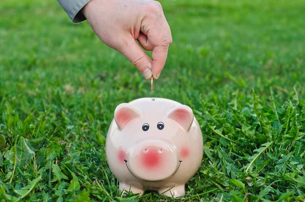 Cropped Shot Woman Putting Euro Cent Pink Piggy Bank Hand — Stock Photo, Image