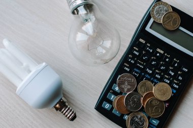 Kesilmiş görüş açısı ve hesap makinesinin yanındaki floresan lambaları beyaz enerji verimliliği kavramına izole edilmiş ellerde. Beyaz arkaplanda enerji tasarrufu lambası ve hesap makinesi