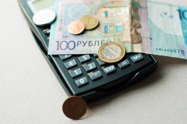 Finansal, tasarruf, yatırım, maliyet ve planlama konseptine sahip domuz kumbarası ve paralar