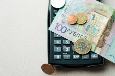 Finansal, tasarruf, yatırım, maliyet ve planlama konseptine sahip domuz kumbarası ve paralar