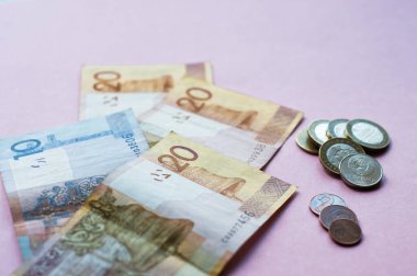 Yeni Beyaz Rusya parası. Bozuk para ve banknotlar. Finans kavramı.