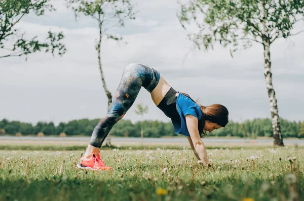 Çıplak ayaklı genç esmer kadın, siyah ve mor spor kıyafeti giyiyor, yaz aylarında tahta iskelede menekşe yoga minderinin üzerinde geriniyor. Göl kenarında yoga pozları veren formda bir kız. Sağlıklı yaşam tarzı.