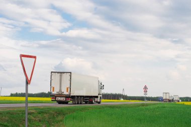 Otoyolda konteynır taşıyan kamyon, kargo taşıma konsepti. Tıraş efektleri.