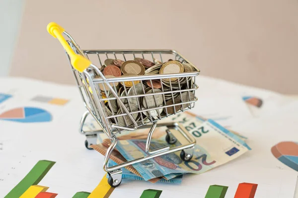 Cart Full Euro Coins Documents Graphs Economic — Stock Photo, Image