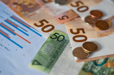 Banknotlar ve Hesap Makineleri, Avrupa Banknotları Beyaz Arkaplan, Para, Finans, Vergi, Kâr ve Maliyet, 50 Euro, Euro, Euro Faturaları, Bileşik Faiz Oranı Hesapları veya Mali Yatırım İş Konseptleri