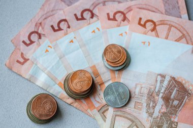 Belarus rublesinin yeni banknotları ve sikkeleri. Beyaz Rusya rublosunun 1 Temmuz 2016 'dan bu yana yenilenmesi.