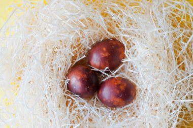 Yuvadaki çiğ beyaz tavuk yumurtalarının yakın çekim görüntüsü