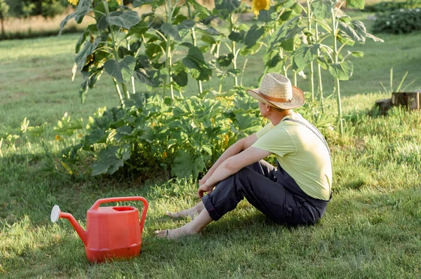 Portret Barbă Pălărie Paie Relaxare Grădină — Fotografie, imagine de stoc