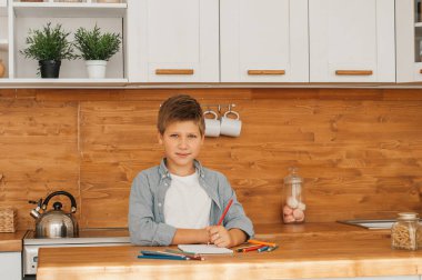 Mutlu küçük çocuk ödevini yapıyor, yararlı bilgiler yazıyor, kameraya bakıyor ve gülümsüyor. Uzaktan öğrenme, e-eğitim, e-öğrenme, evde eğitim kavramı. Ödev yapan bir çocuğun portresi