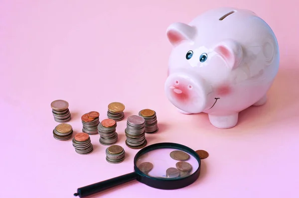 Top View Pink Piggy Bank Coins Color Background — Stock Photo, Image