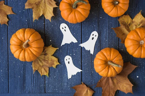 Halloween Dekoracje Pastelowym Szarym Tle Koncepcja Halloween Płaskie Ułożenie Widok — Zdjęcie stockowe