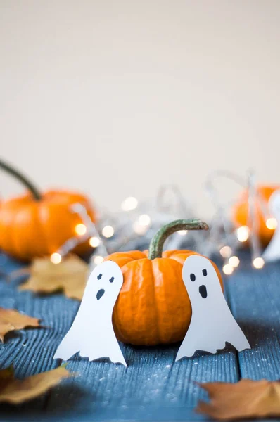 Zucca Halloween Lume Candela Sfondo Bokeh Una Natura Morta Autunnale — Foto Stock