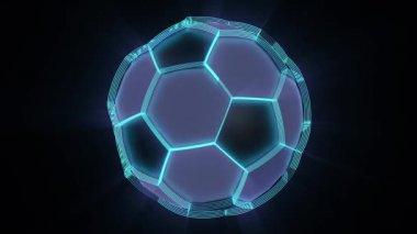 Neon glow futuristik futbol topu. İlmekledi animasyon. Futbol soyut ağ arka plan. 3D ses projeksiyon.
