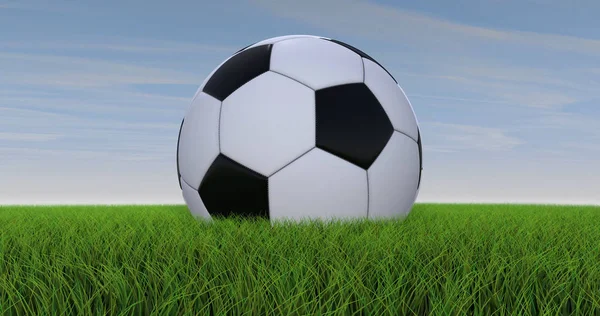 Gündüz çim sahada futbol topu. Futbol geçmişi. Dijital bilgisayar görüntüsü. Üretken resim. 3d illüstrasyon, 3d render.