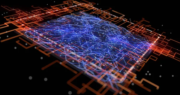 İletkenler, çizgiler ve kontaklar. Sanal dijital elektronik sistem. Mikrodevre, iletkenler, elektronik tahta. Elektronların hareket fütüristik görselleştirme.
