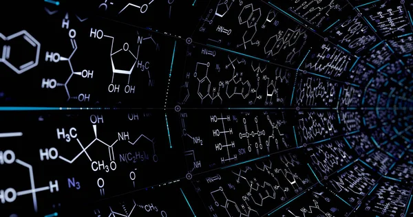 Atomik kafeslerin nokta ve çizgileri ile sonsuz bir tünel oluşturan moleküler kimyasal formüller