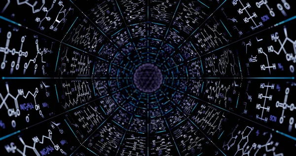 Atomik kafeslerin nokta ve çizgileri ile sonsuz bir tünel oluşturan moleküler kimyasal formüller