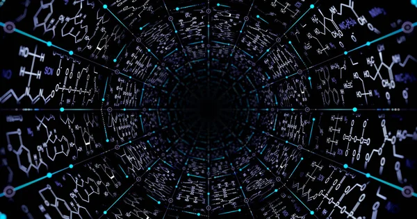 Atomik kafeslerin nokta ve çizgileri ile sonsuz bir tünel oluşturan moleküler kimyasal formüller