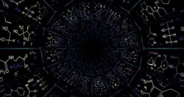 Atomik yapıların nokta ve çizgileri ile sonsuz bir tünel oluşturan moleküler kimyasal formüller. 3d Render