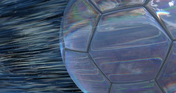 Uçan bir kuyruklu yıldız ile bir futbol topu ve alan yansıtıcı render mekansal çizgiler ve parçacıklar bırakır. 3d illüstrasyon