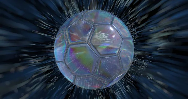 Reflective render of a soccer ball and field with a flying comet leaves spatial lines and particles. 3d illustration