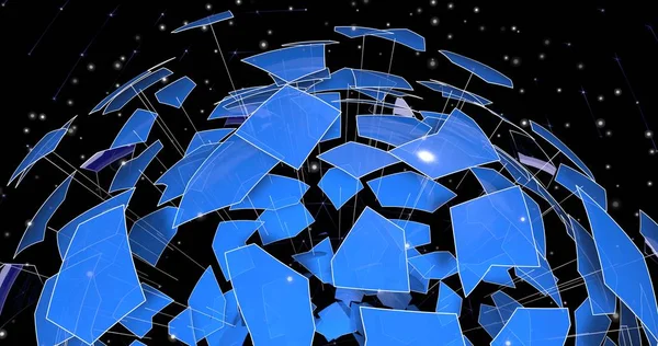 Merkezden uçan elemanların yenilikçi küre nin illüstrasyonu. Düzlemsel 3d uzayda polihedral, çizgiler ve parçacıkların yapısını oluşturma.