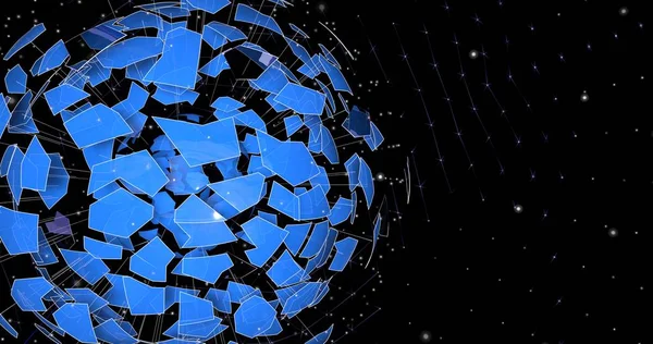Merkezden uçan elemanların yenilikçi küre nin illüstrasyonu. Düzlemsel 3d uzayda polihedral, çizgiler ve parçacıkların yapısını oluşturma.