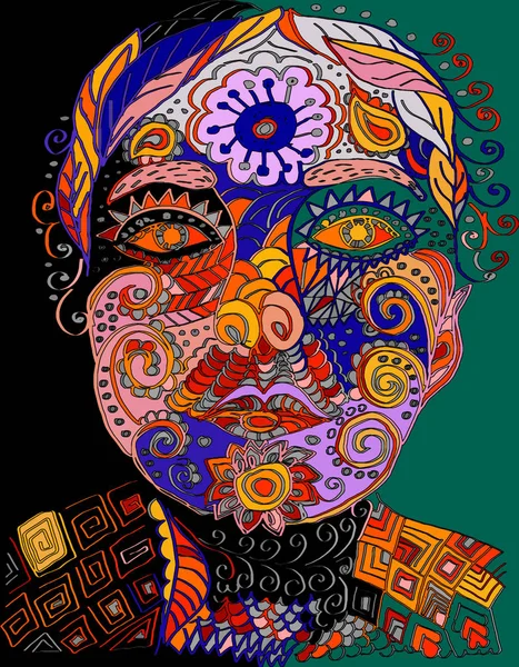 Kleurrijk Getatoeëerd Gezicht Met Tangle Pattern — Stockfoto