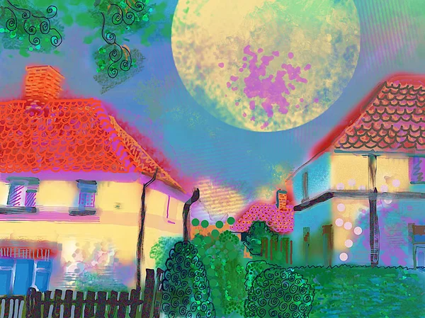 Σούπερ Φεγγάρι Πάνω Από Δύο Σπίτια Την Ηλιόλουστη Μέρα — Φωτογραφία Αρχείου