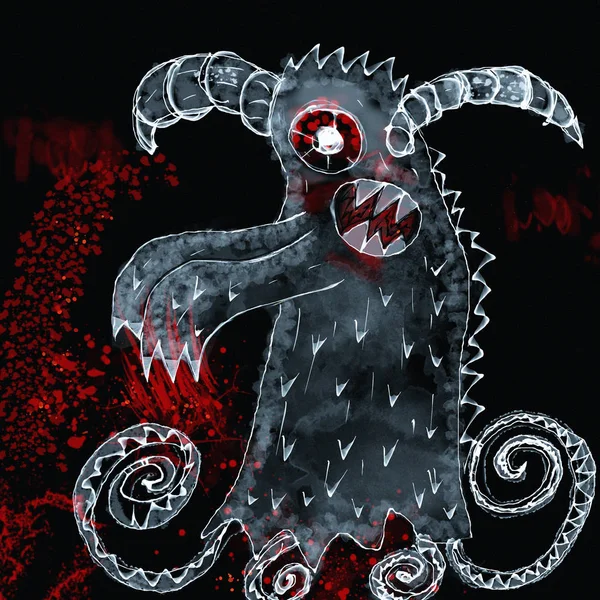 Drawing of Ugly Monster on dark background with blood on paws