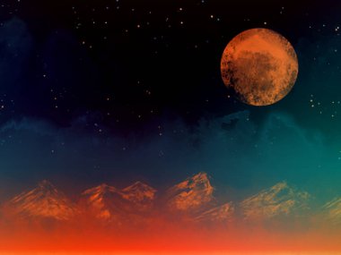 Kızıl ay ve dağlarla süslü fantezi manzarası