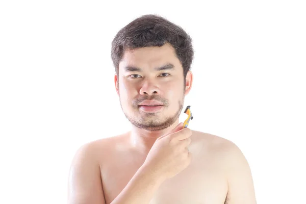 Sakalını Tıraş Jilet Kullanarak Asya Genç Adam Krem Kullanın Beyaz — Stok fotoğraf