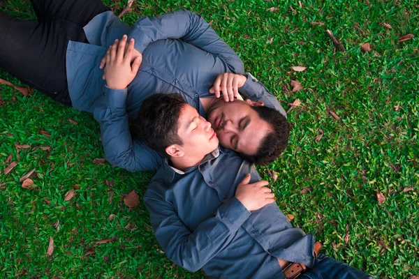 Азиатские Гей Пары Спят Траве Заниматься Любовью Счастливо Романтично — стоковое фото