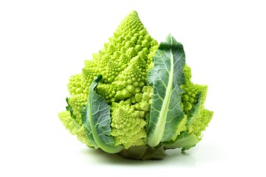 Romanesco brokoli veya Roma Karnabahar (Brassica oleracea var) taze izole bitkisel bir garip ve bush beyaz arka plan ve kırpma yolu