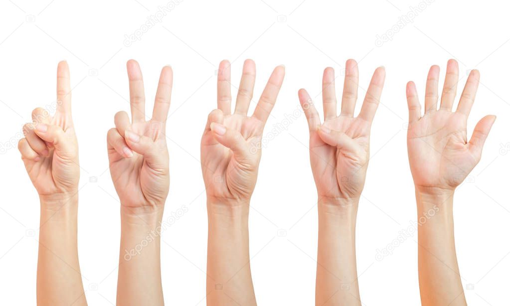women hand signs are counting. Using fingers symbol. set of number one two three four five ( 1 2 3 4 5 ) isolated on white background and clipping path.