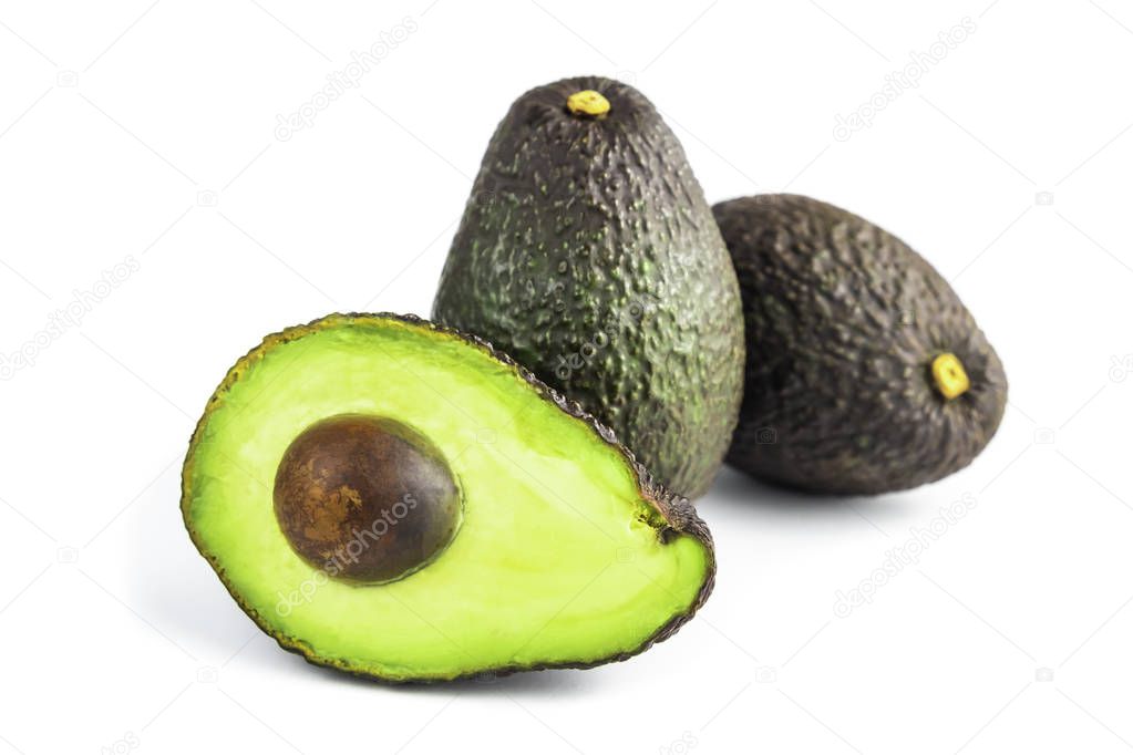 Avocado is a popular fruit in Europe and America. It has many nutrients, vitamins and minerals that are very beneficial to health. Scientific name : Persea americana Mill. isolated on white background.