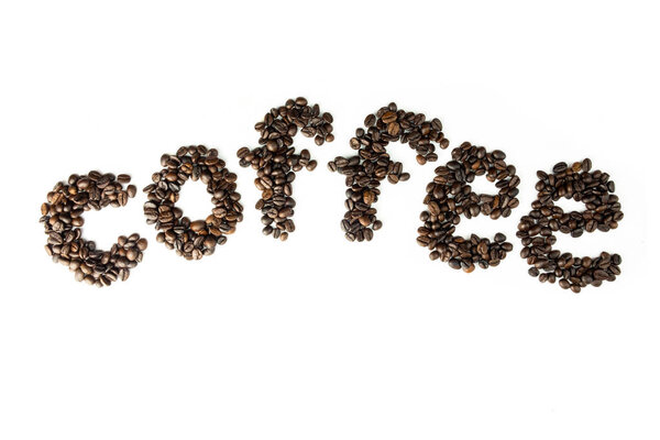 Coffee bean sort alphabetically. The word is coffee. Which is the name of the menu is a drink of coffee. isolated on white background and clipping path.