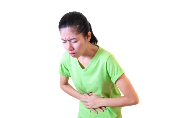 Asian Women Wear Green Shirts Standing Stomach Pain Gastritis Menstrual — Stock Photo, Image