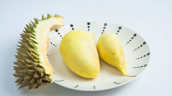 Durian Een Bord Een Witte Achtergrond Knippad Durian Een Thaise — Stockfoto