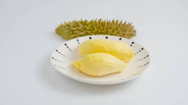 Durian Een Bord Een Witte Achtergrond Knippad Durian Een Thaise — Stockfoto