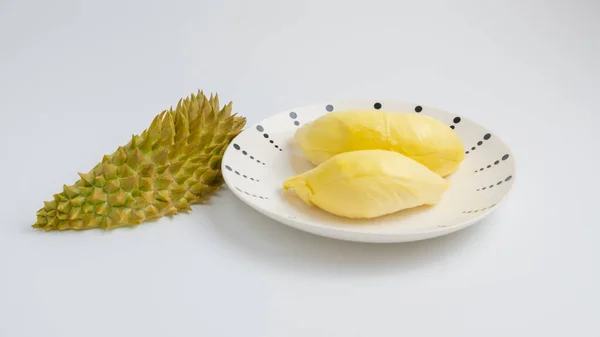 Durian Een Bord Een Witte Achtergrond Knippad Durian Een Thaise — Stockfoto